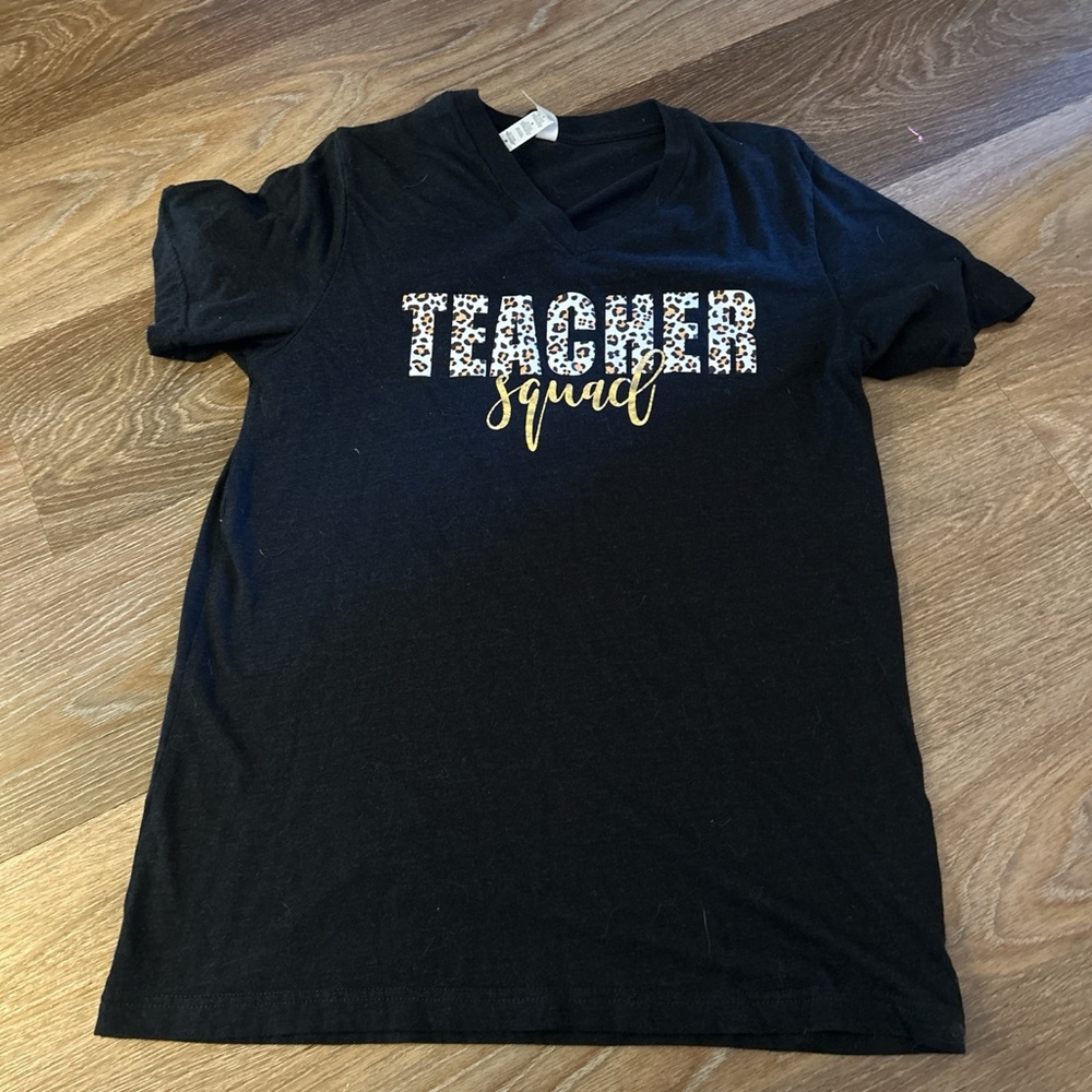 Bella Canvas Black Tee with Leopard 'Teacher Squad' and Gold Script